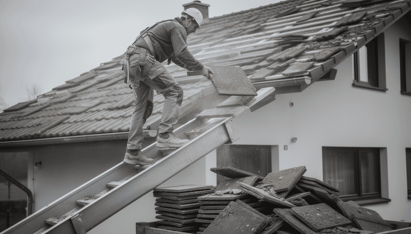 Demontáž starej strechy – zloženie betónovej krytiny a odvoz odpadu na rodinnom dome